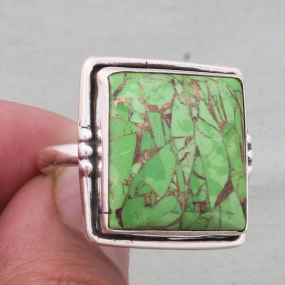 Green Copper Turquoise Ring: Square Boho Sterling Silver Ring - Picture 1 of 5